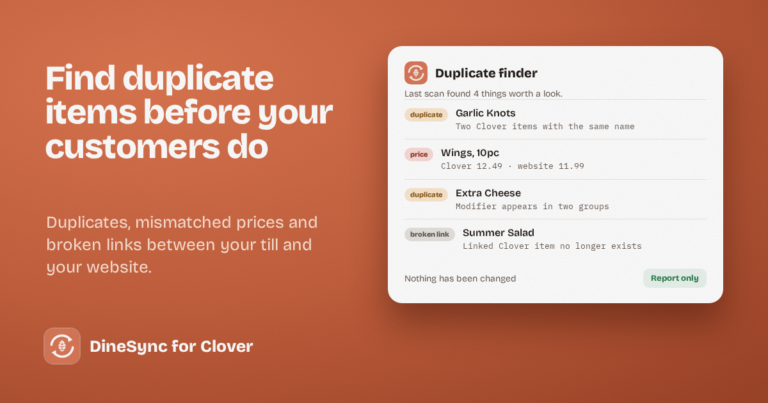 A duplicate finder report listing duplicate items, price mismatches and broken links between Clover and WooCommerce.
