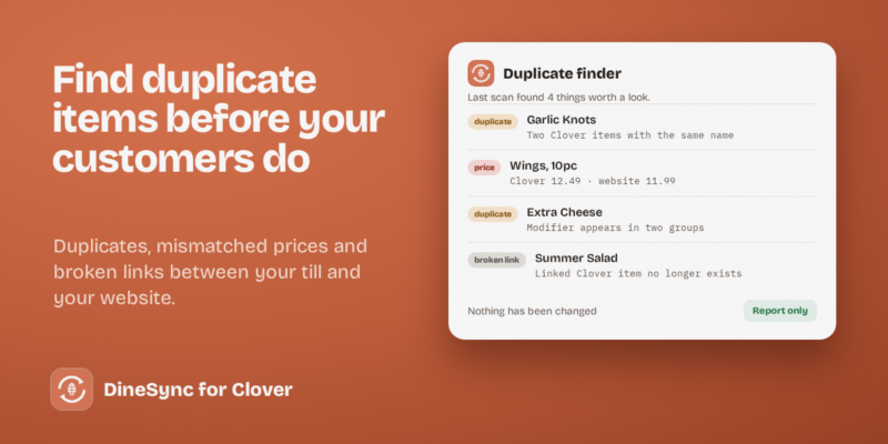 A duplicate finder report listing duplicate items, price mismatches and broken links between Clover and WooCommerce.
