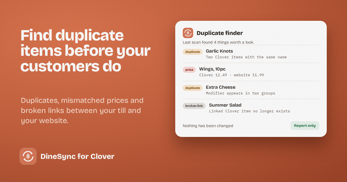 A duplicate finder report listing duplicate items, price mismatches and broken links between Clover and WooCommerce.