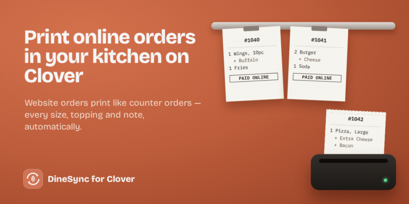 Online order tickets clipped to a kitchen rail while a new ticket prints automatically from a kitchen printer.