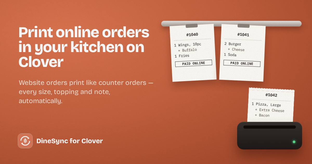 Online order tickets clipped to a kitchen rail while a new ticket prints automatically from a kitchen printer.