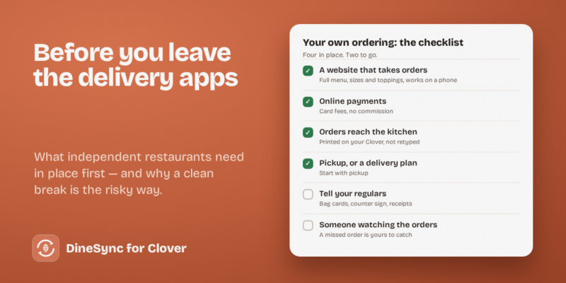 A checklist of what a restaurant needs before leaving delivery apps, with ordering, payments and kitchen tickets ticked off.