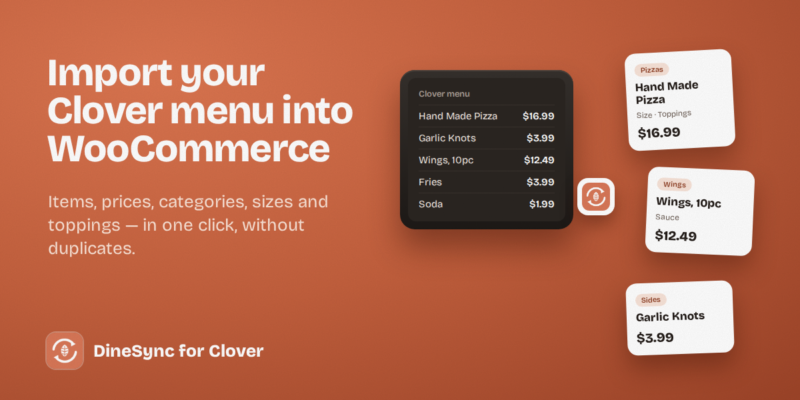 A Clover menu list being imported into WooCommerce as product cards with prices, categories and modifier options.