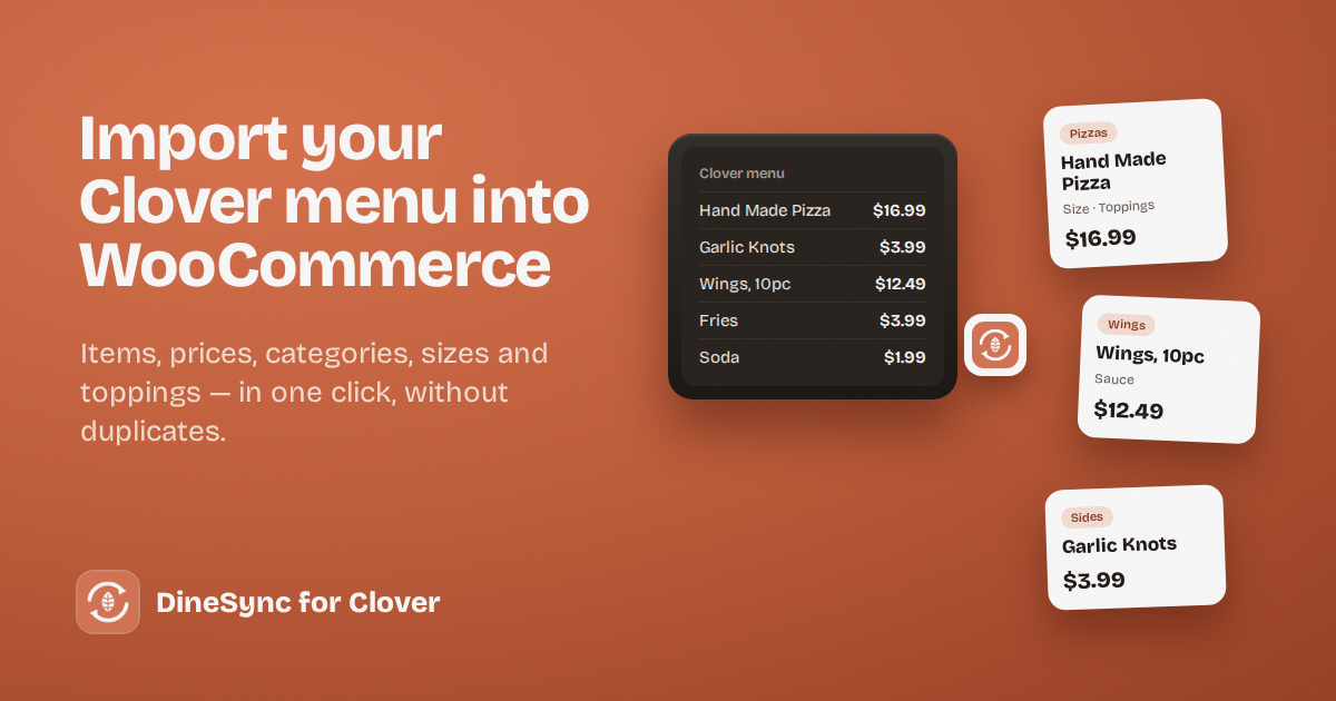 A Clover menu list being imported into WooCommerce as product cards with prices, categories and modifier options.