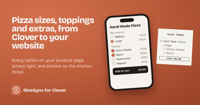 A pizza product page with size and topping options and a live total, next to the kitchen ticket showing the same selections.