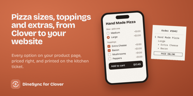 A pizza product page with size and topping options and a live total, next to the kitchen ticket showing the same selections.