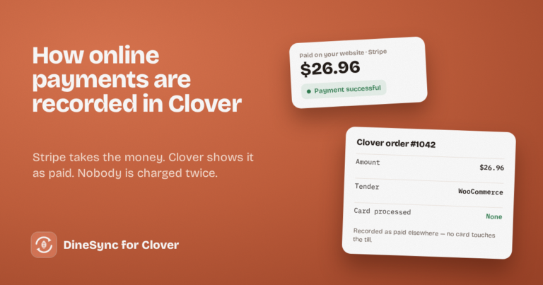 An online payment taken by Stripe, recorded on the Clover order under a WooCommerce tender with no card processed at the till.