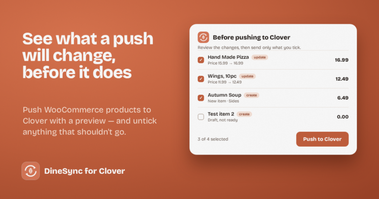 A preview list of WooCommerce products with prices, ticked for sending, before pushing them to Clover.