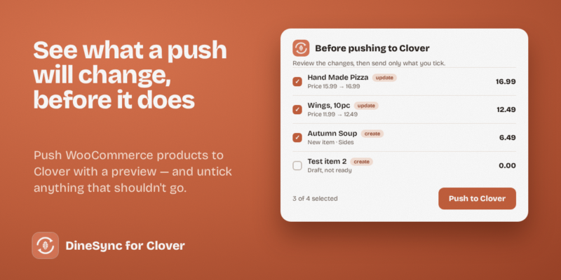 A preview list of WooCommerce products with prices, ticked for sending, before pushing them to Clover.