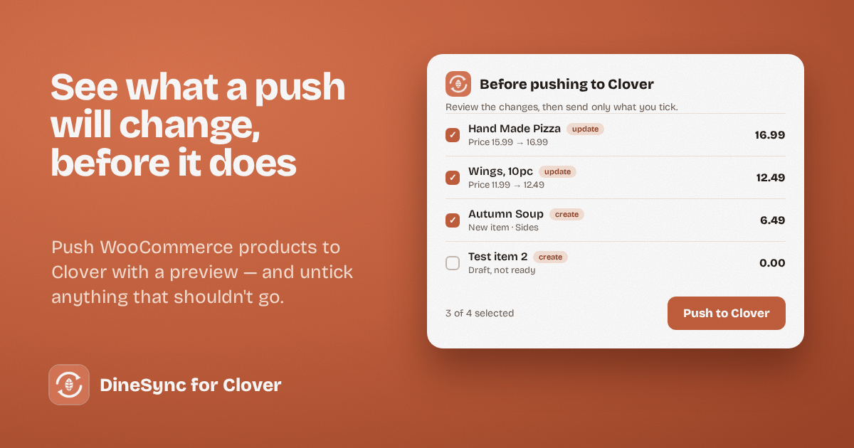 A preview list of WooCommerce products with prices, ticked for sending, before pushing them to Clover.